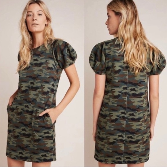 VELVET Graham & Spencer Anthropologie NWT Jolene Short Puffed Sleeves Camo Dress - Picture 1 of 14
